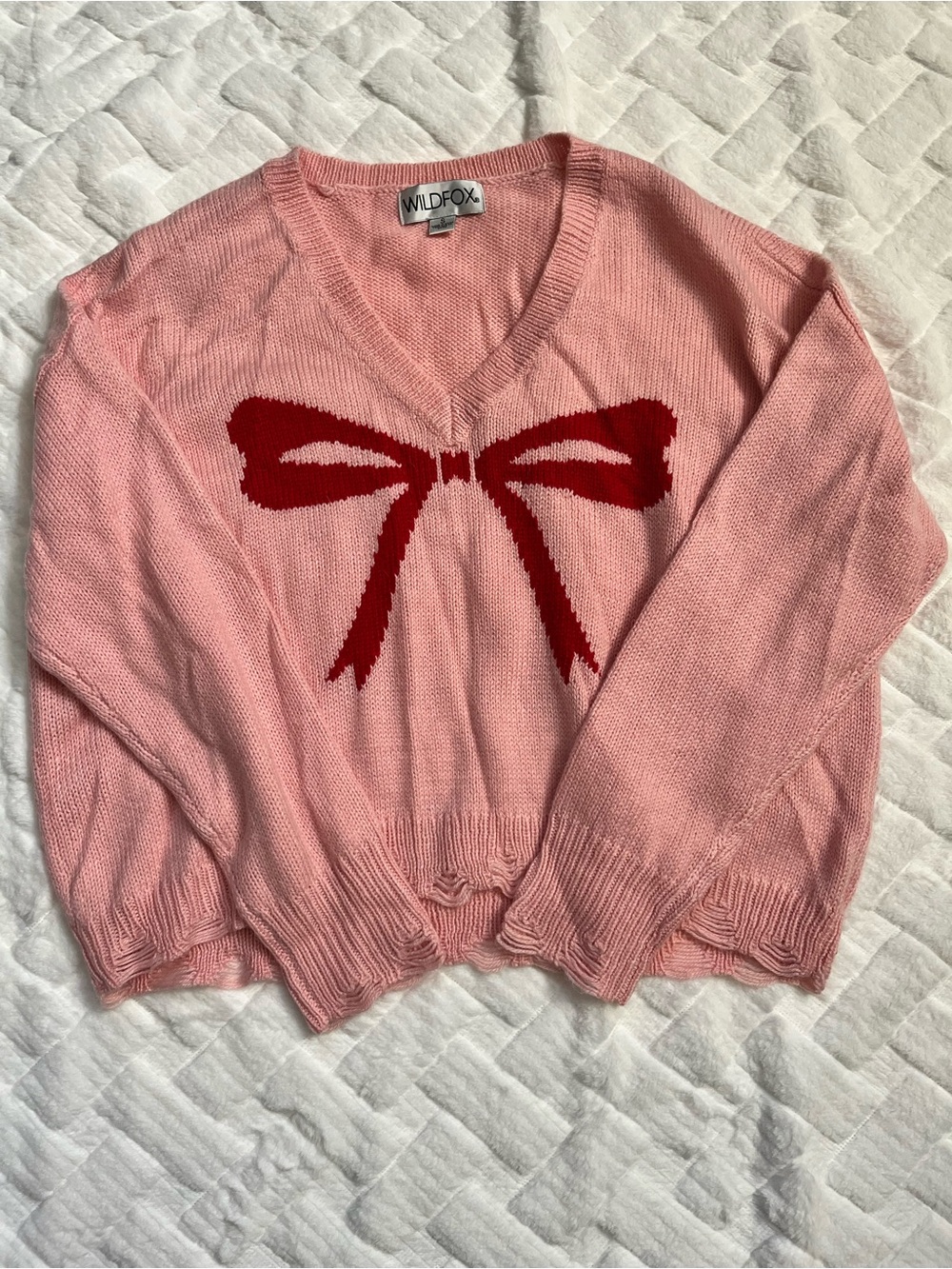 Wildfox Pink V-Neck distressed Sweater with Red Bow Graphic